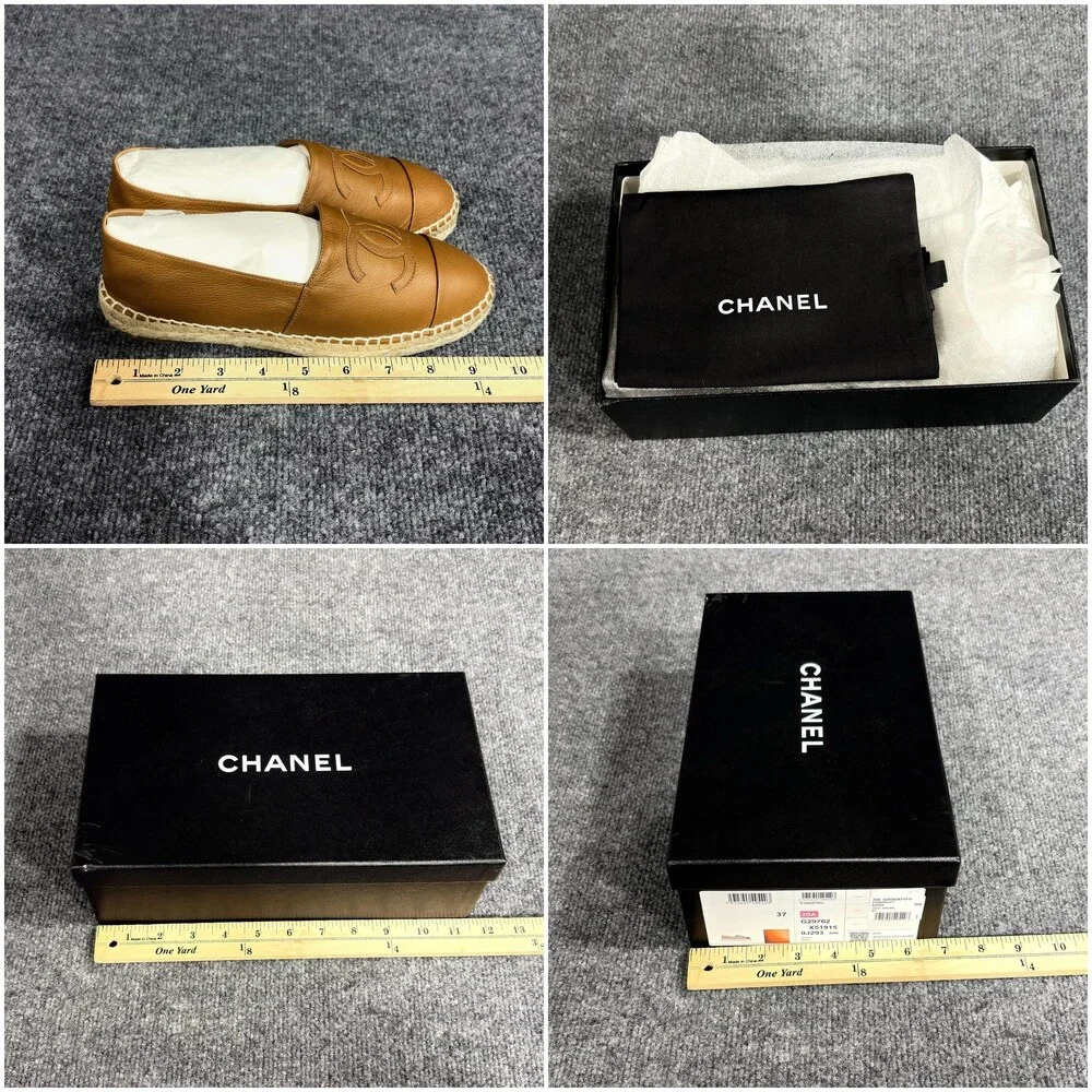 Chanel Shoes Womens 37 Brown Calfskin Espadrille Flats Slip On CC Logo Caramel